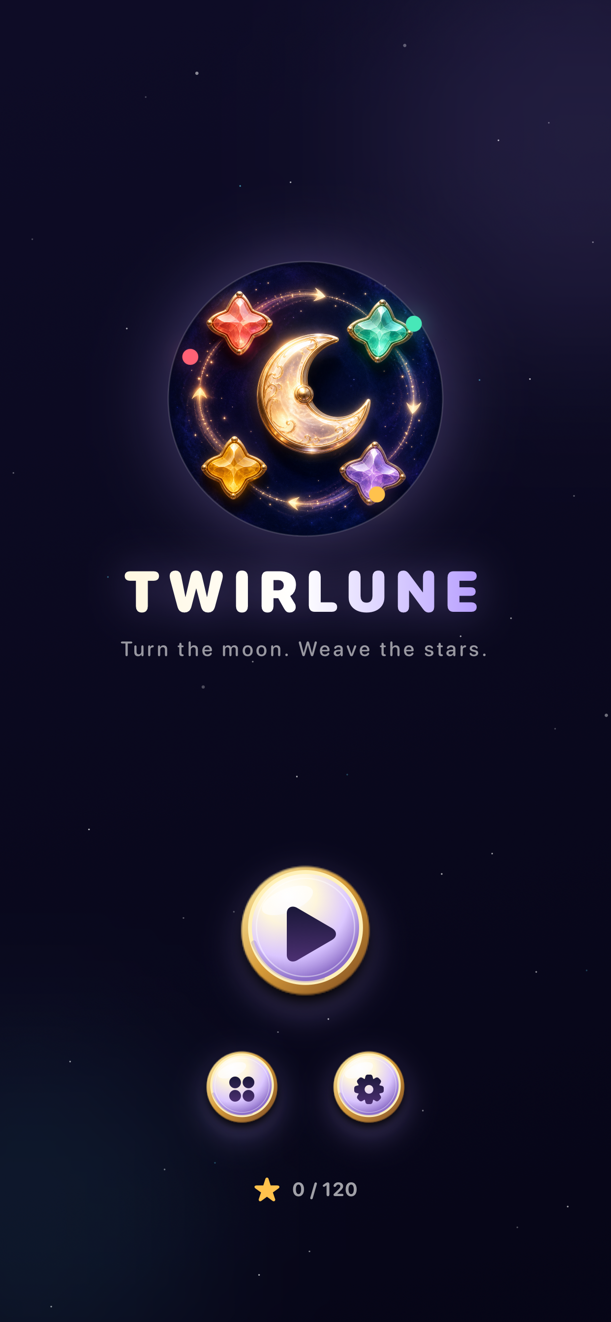 Twirlune home screen with a jeweled crescent moon